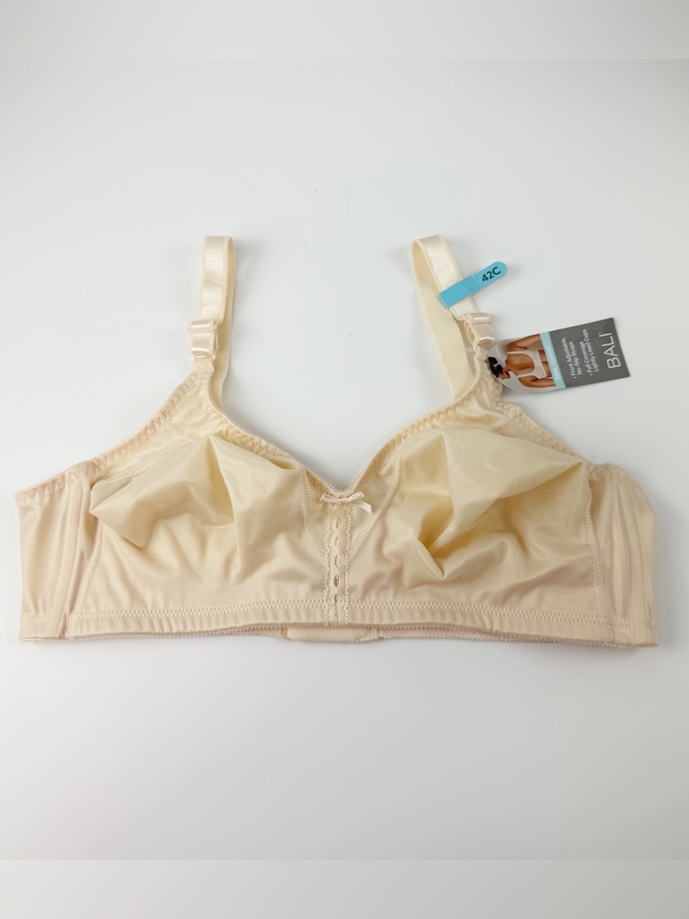 Bali Bra 42C Beige Double Support Tailored Wireless Lace Up Front Bra NWT 3820